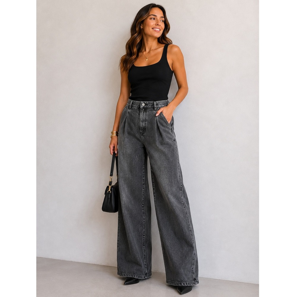 Tibi Pleated Wide Leg Jeans High Rise 27 Black Dark Gray Denim 28x28"